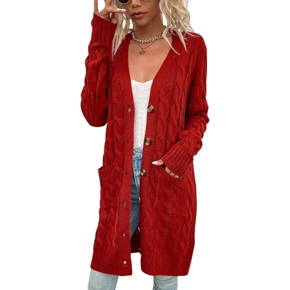 Disi Womens Red Cardigan Long Sleeves Cable Knit Open Front Loose Sweaters - Picture 1 of 5